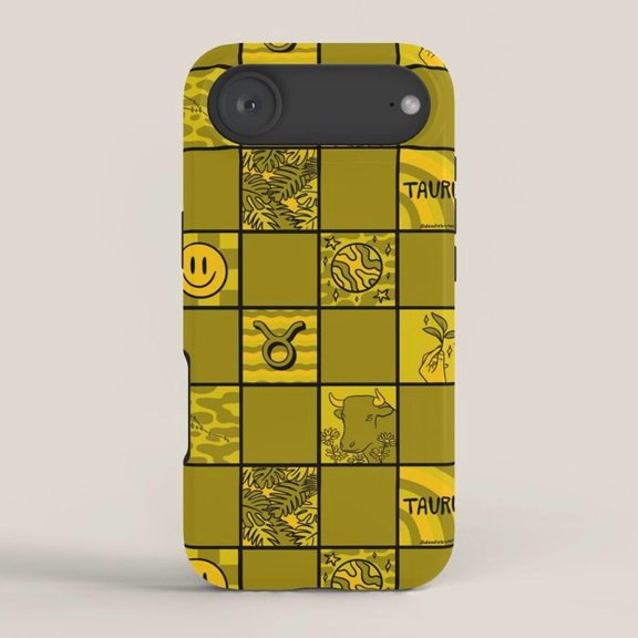 Taurus Zodiac Grid Mustard Yellow and Black Tough Case for Apple iPhone Models, Polycarbonate and TPU