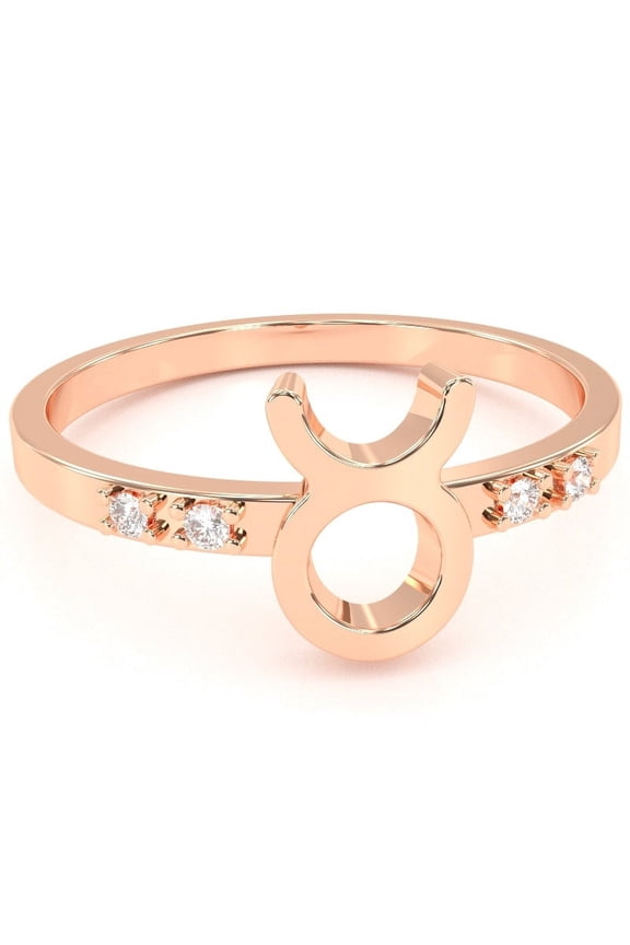 Taurus Zodiac Sign Diamond Ring In Solid 14k Rose Gold