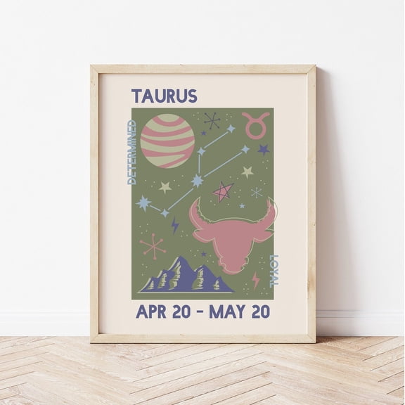 Taurus Zodiac Trendy Astrology Green Retro Star Sign Wall Art, Unframed Paper Poster 8x10in