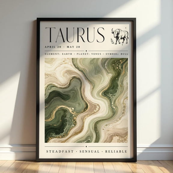 Taurus Zodiac Wall Art Earth Sign Astrology Green Marble Birth Sign Print, Unframed Paper Print