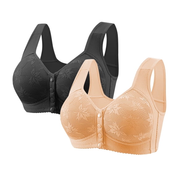 Tauxra 2 Pcs Women's Bra,Casual Embroidered Front Closure Plus Size Bra with Lightweight Support
