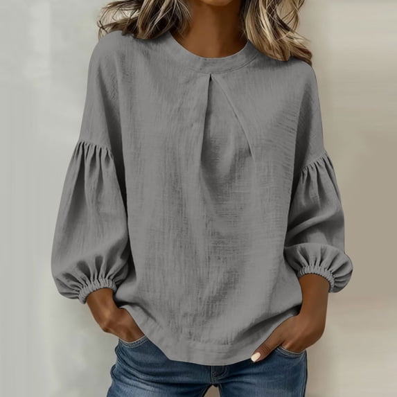 Tauxra 3/4 Sleeve Tops for Women Loose Fit, Casual Round Neck Pullover Blouse for Everyday Wear, Solid Color Long Sleeve Shirts