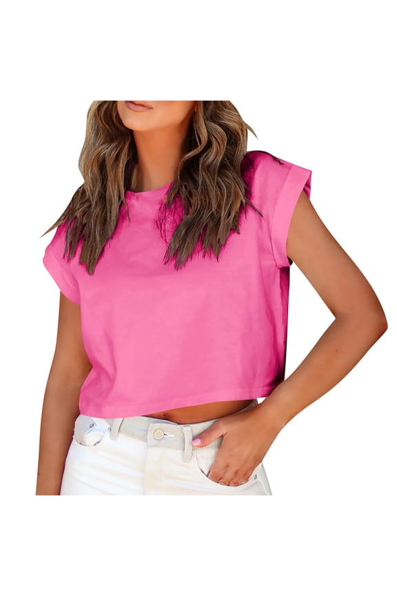 Batwing Sleeve Crop Top for Women, Solid Color Casual Shirt with Rolled Hem and Round Neck, Soft Polyester Blouse for Daily Wear