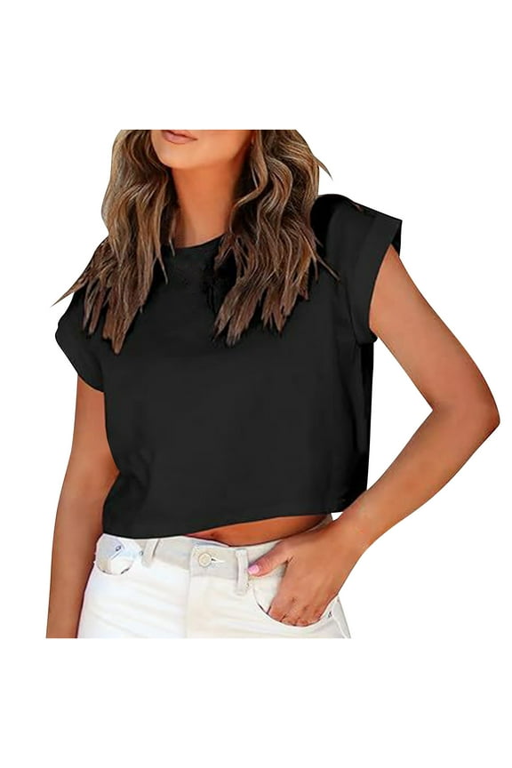 Batwing Sleeve Crop Top for Women, Solid Color Casual Shirt with Rolled Hem and Round Neck, Soft Polyester Blouse for Daily Wear