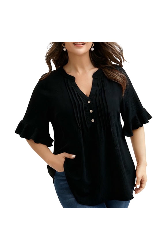 Blouse for Women, V-Neck with Cascading Ruffles and Smocked Bodice, Lightweight Relaxed Fit Shirt for Casual or Office Wear