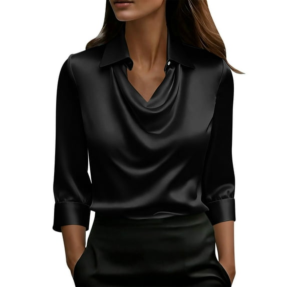 Tauxra Blouse for Women with Ruffled V-Neck and Three-Quarter Sleeves, Solid Color Satin Shirt for Casual and Office Wear, Lightweight and Breathable