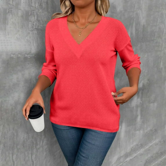 Tauxra Blouses for Women, Casual Solid Color Long Sleeve Fashion Blouse, Women's V Neck Top