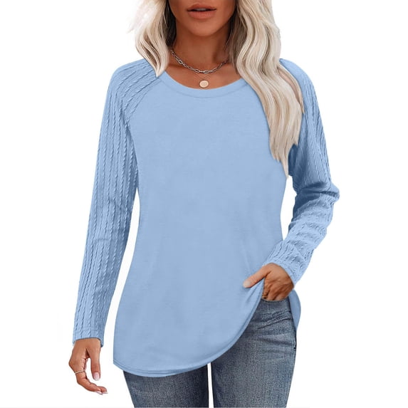 Tauxra Blouses for Women,Color Block Round Neck T-Shirt for Women,Long Sleeve Solid Color Casual Top,Shirts for Women,Blouses for Women Fashion