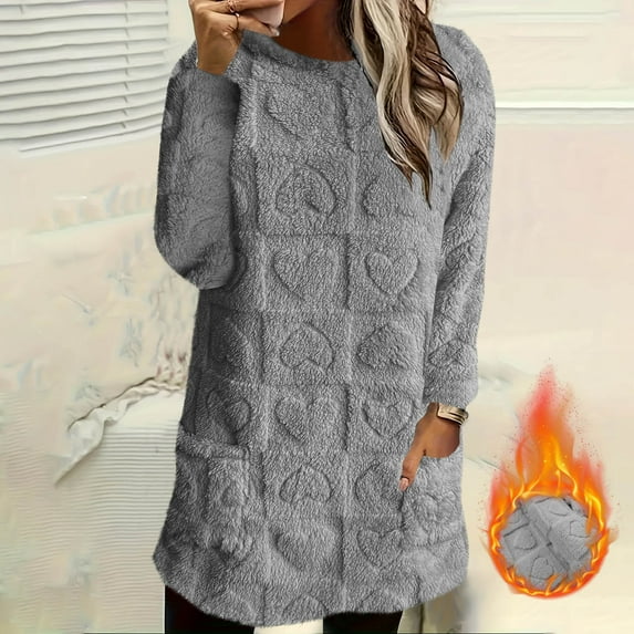 Tauxra Blouses for Women Fashion,Heart Round Neck Pullover for Women,Long Sleeve Solid Color Plush Top,Blouses for Women,Blouses for Women Casual