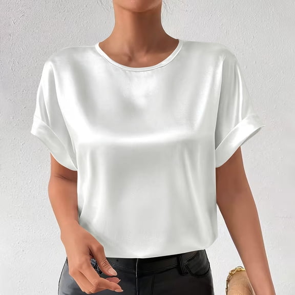 Tauxra Blouses for Women Fashion, Round Neck Casual Solid Color Satin Blouse, Women's Short Sleeve Top