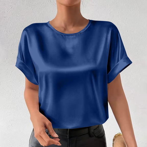 Tauxra Blouses for Women Fashion, Round Neck Casual Solid Color Satin Blouse, Women's Short Sleeve Top