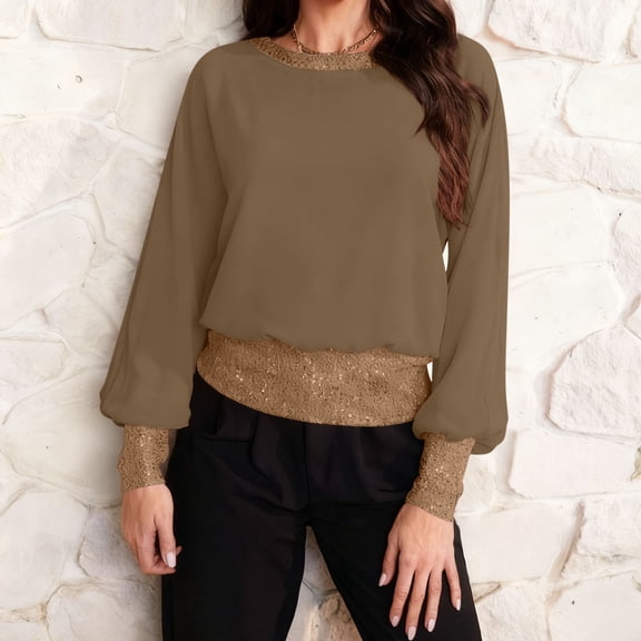 Tauxra Blouses for Women Fashion, Round Neck Sequin Casual Solid Color Blouse, Women's Long Sleeve Top