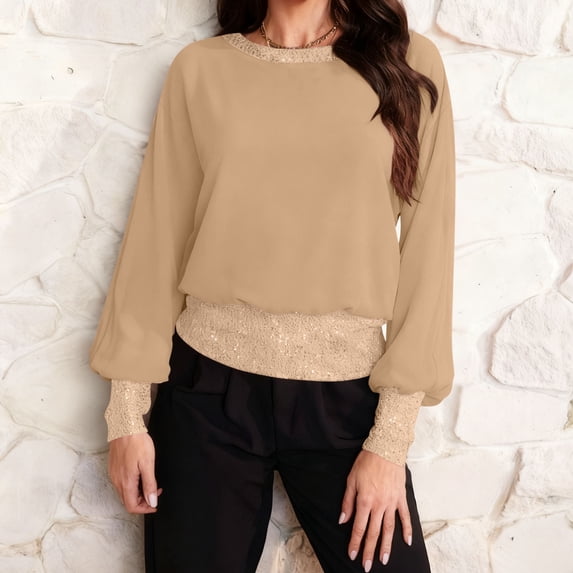 Tauxra Blouses for Women Fashion, Round Neck Sequin Casual Solid Color Blouse, Women's Long Sleeve Top