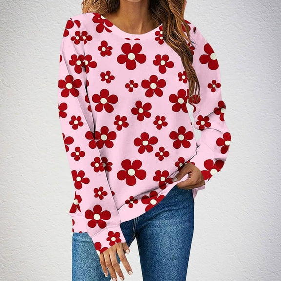 Tauxra Blouses for Women Fashion,Women's Sweatshirt,Long Sleeve Flower Printed Casual Loose Hoodless Blouse,Blouses for Women