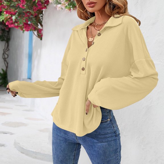 Tauxra Blouses for Women, Lapel Collar Button Down Casual Solid Color Blouse, Women's Long Sleeve Top