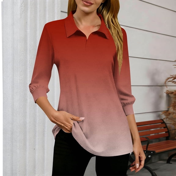 Tauxra Blouses for Women, Lapel Collar Print Slim Casual Fall Blouse, Women's 3/4 Sleeve Top