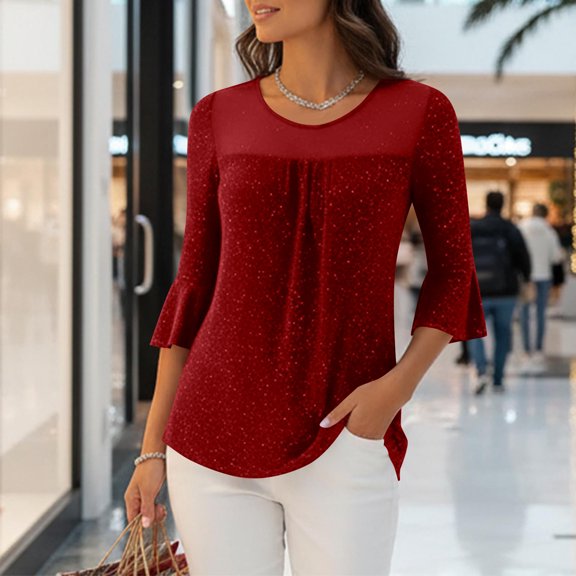Tauxra Blouses for Women, Round Neck Mesh Fabric Metallic Detail Party Blouse, Women's 3/4 Sleeve Top