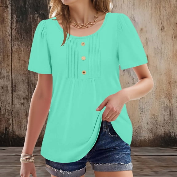 Tauxra Blouses for Women, Round Neck Pleated Button Down Casual Solid Color Blouse, Women's Short Sleeve Top