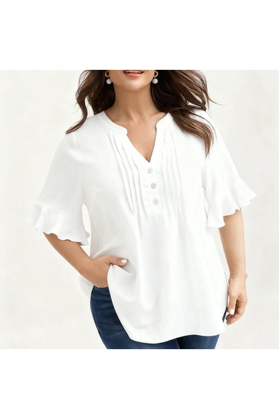 Blouses for Women, Ruffle Blouse with Smocked Bodice and V-Neck, 3/4 Sleeve Flowy Top for Casual and Office Wear, Woven Fabric