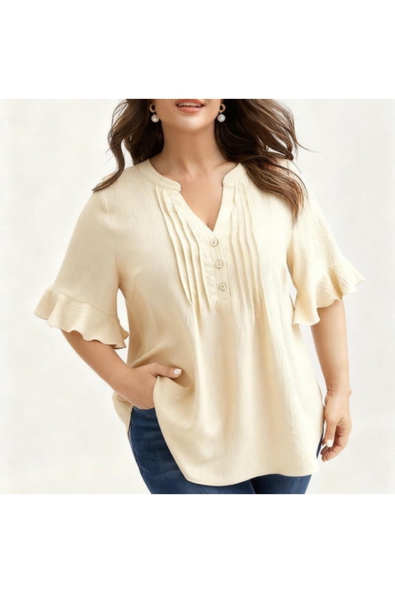Blouses for Women, Ruffle Blouse with Smocked Bodice and V-Neck, 3/4 Sleeve Flowy Top for Casual and Office Wear, Woven Fabric