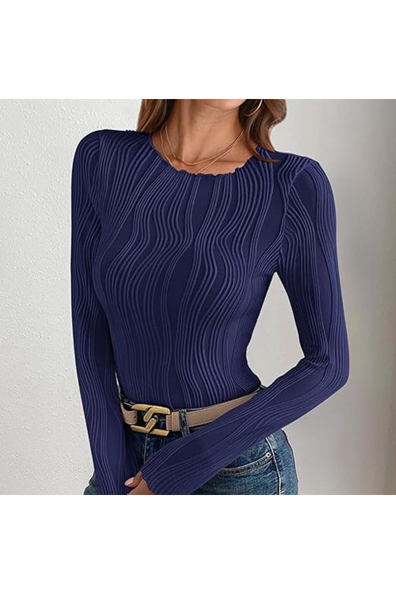 Blouses for Women,Women's Top,Long Sleeve Round Neck Textured Slim Fit Stretch Knit Casual,Shirts for Women