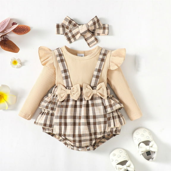 Tauxra Bows for Girls,Skirts for Girls,Girls Bow Skirt Romper for 0-18 Months,Long Sleeve Plaid Print Flutter Sleeve Jumpsuit with Ruffles,Rompers for Girls