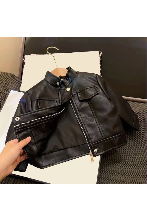 Boys Pu Leather Jacket, Solid Color Long Sleeve for Kids 1-11 Years
