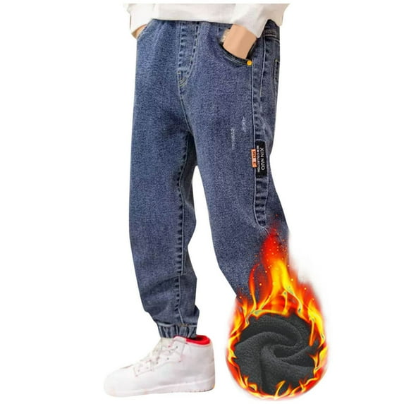 Tauxra Boys Solid Color Fleece Lined Denim Pants for Kids 5-15 Years,Fall Winter