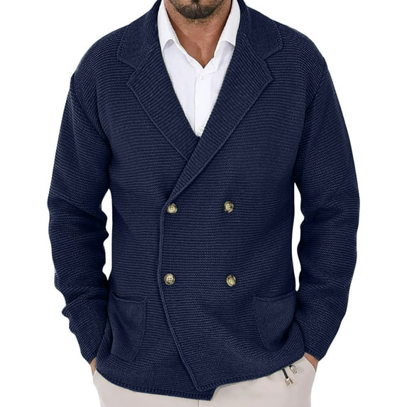 Tauxra Cardigan for Men,Men's Knitted Double Breasted Sweater Jacket with Pockets Vintage Warm Long Sleeve Turndown Cardigan
