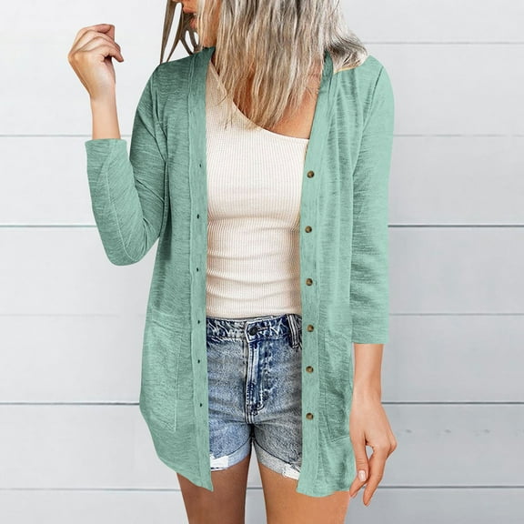 Tauxra Cardigan for Women,Blouses for Women Fashion,Women's Solid Color Three Quarter Sleeve Button Casual Cardigan with Pocket,Blouses for Women