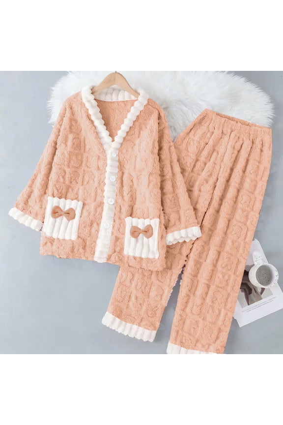 Cardigan for Women,Women's Pajama,Winter Button Fleece Cardigan Pocket Long Top Pants Sleepwear,Womens Pajama