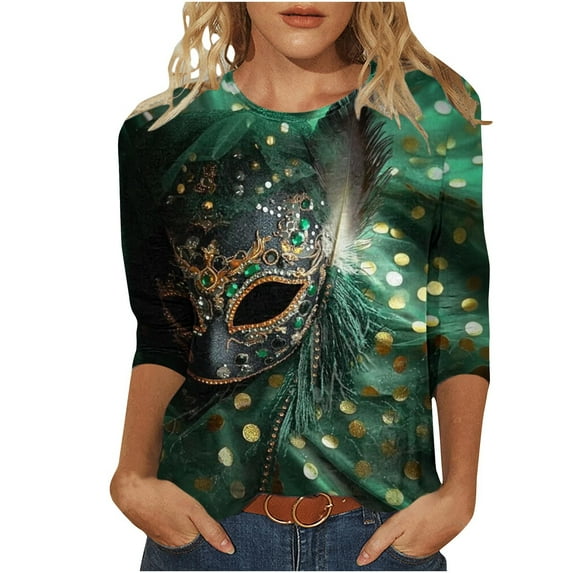 Tauxra Carnival Print T-Shirt for Women, 3/4 Sleeve Round Neck Loose Fit Casual Top with Colorful Festival Design