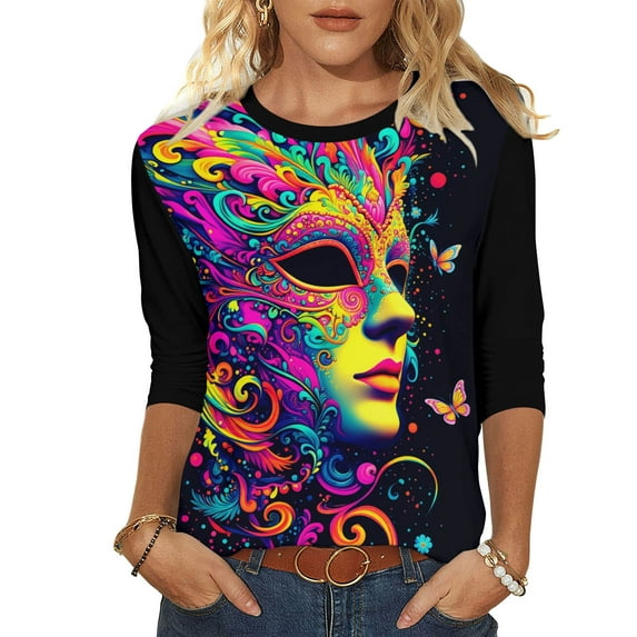 Tauxra Carnival Print Top for Women 3/4 Sleeve Round Neck Casual Shirt with Colorful Holiday Design for Daily Wear and Home