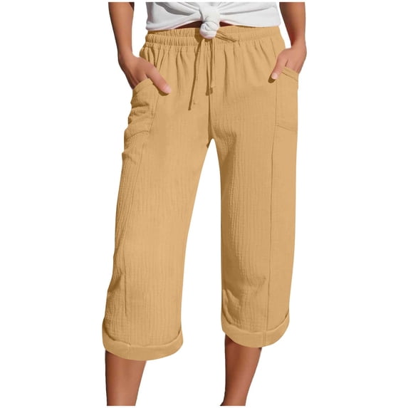 Tauxra Casual Capri Pants for Women, 3/4 Length Summer Shorts with Drawstring Waist and Side Pockets, Solid Color Polyester Lounge Pants