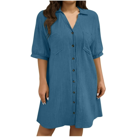 Tauxra Casual Dress for Women, Short Sleeve Button Down with Turn-Down Collar and Pockets, Plus Size Solid Color Midi Dress for Daily Wear