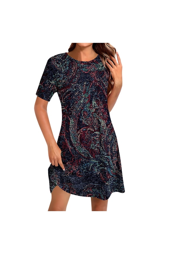 Casual Dress for Women Short Sleeve Round Neck Pullover with Allover Print in Relaxed Fit for Daily Wear and Weekend Outings