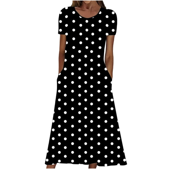 Tauxra Casual Dresses for Women V Neck Short Sleeve Polka Dot Dress with Elastic Waist Flowy Summer Sundress