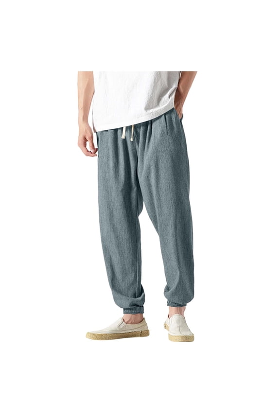 Casual Pants for Men, Elastic Waistband, Adjustable Drawstring, Tapered Full Length, 2 Pockets, for Home Daily Wear