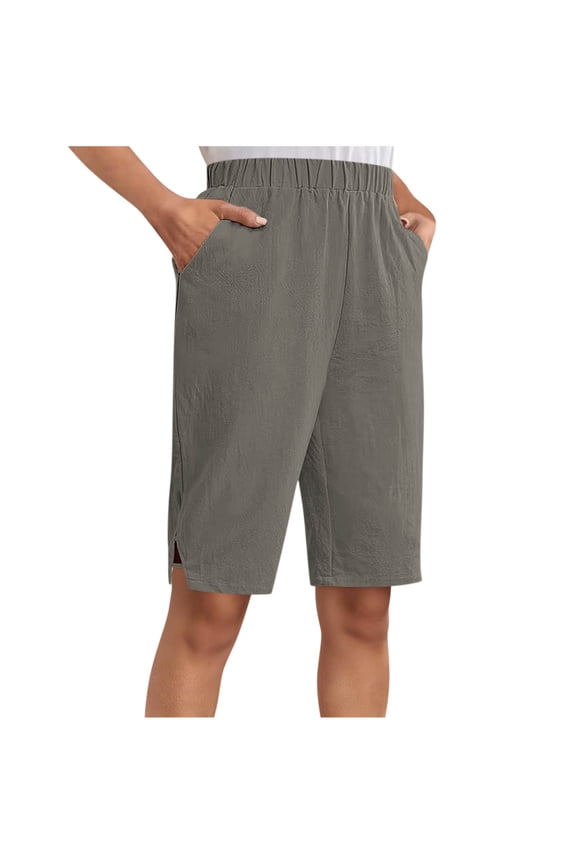Casual Pants for Women, Solid Color Elastic Waist with Pockets, 5-Inch Inseam Capri Length, Comfortable Pull-On Half Pants for Daily Wear