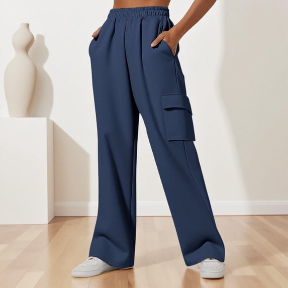 Tauxra Casual Pants for Women,Women's Solid Color Loose Wide Leg Casual Elastic Waistband Work Pocket Pants,Pants for Women