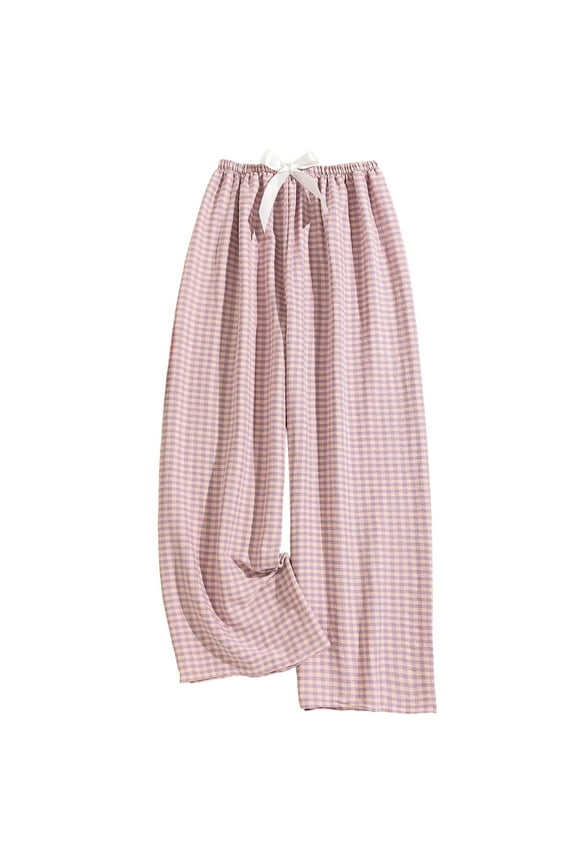 Casual Pants for Women with Elastic Waist and Wide Leg, Cloud Cotton Plaid Fabric, High-Rise Lounge Trousers for Daily Wear