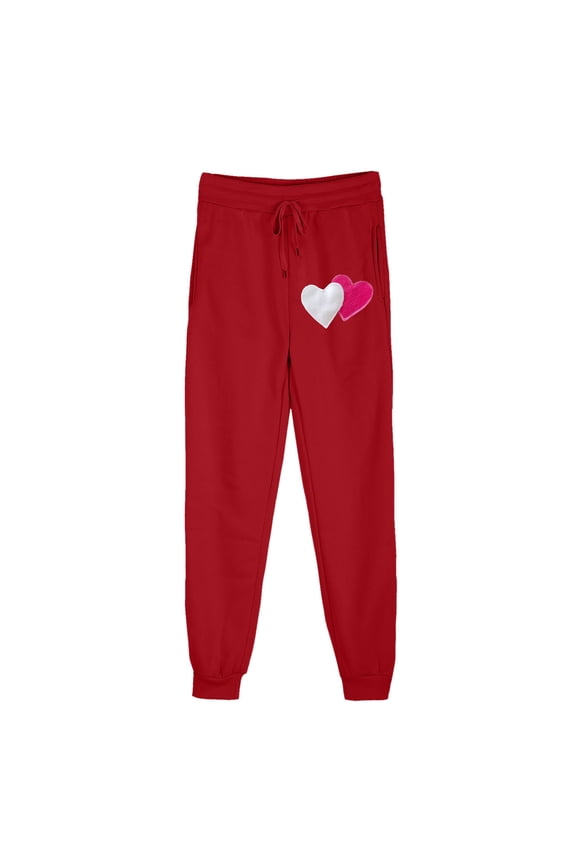 Casual Pants for Women with Fleece Lining and Heart Print, Loose Fit Athletic Joggers for Running and Fitness