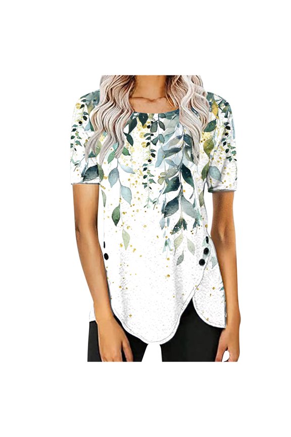 Casual Printed Blouse for Women with Button Front and Round Neck, Short Sleeve Top with Asymmetrical Hem for Daily Wear
