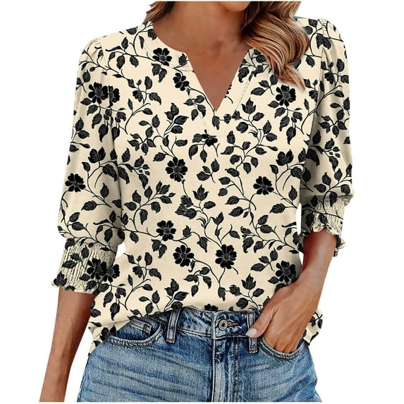 Tauxra Casual Printed V-Neck Top for Women with 3/4 Sleeve and Smocked Cuffs, Loose Fit Blouse for Spring