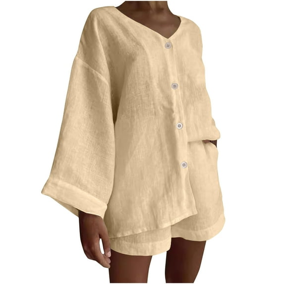 Tauxra Casual Set for Women, Cotton Linen Short Sleeve Top and Shorts, 2-Piece Solid Color Outfit for Summer