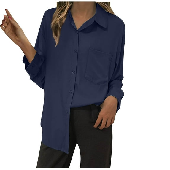 Tauxra Casual Shirt for Women with Lapel Collar and Long Sleeves, Solid Color Pocket Button-Down Top for Daily Wear
