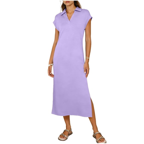 Tauxra Casual Summer Short Sleeve V-Neck Button Down Turndown Collar Dress for Women with Side Split Solid Color