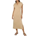 thumbnail image 1 of Tauxra Casual Summer Short Sleeve V-Neck Button Down Turndown Collar Dress for Women with Side Split Solid Color, 1 of 7