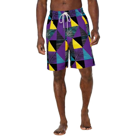 Tauxra Casual Swim Shorts for Men with Pockets and Drawstring Geometric Print 5 Inch Inseam Summer Vacation Beach