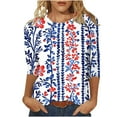 thumbnail image 1 of Tauxra Casual T-Shirt for Women with 3/4 Sleeve and Independence Day Print, Round Neck Blouse for Everyday Wear in Blue, 1 of 5